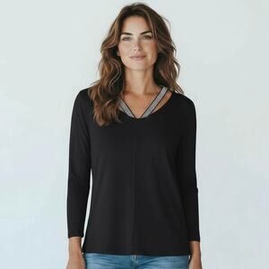 Cable & Gauge Women's Black V Neck Long Sleeve Top NWT Size M